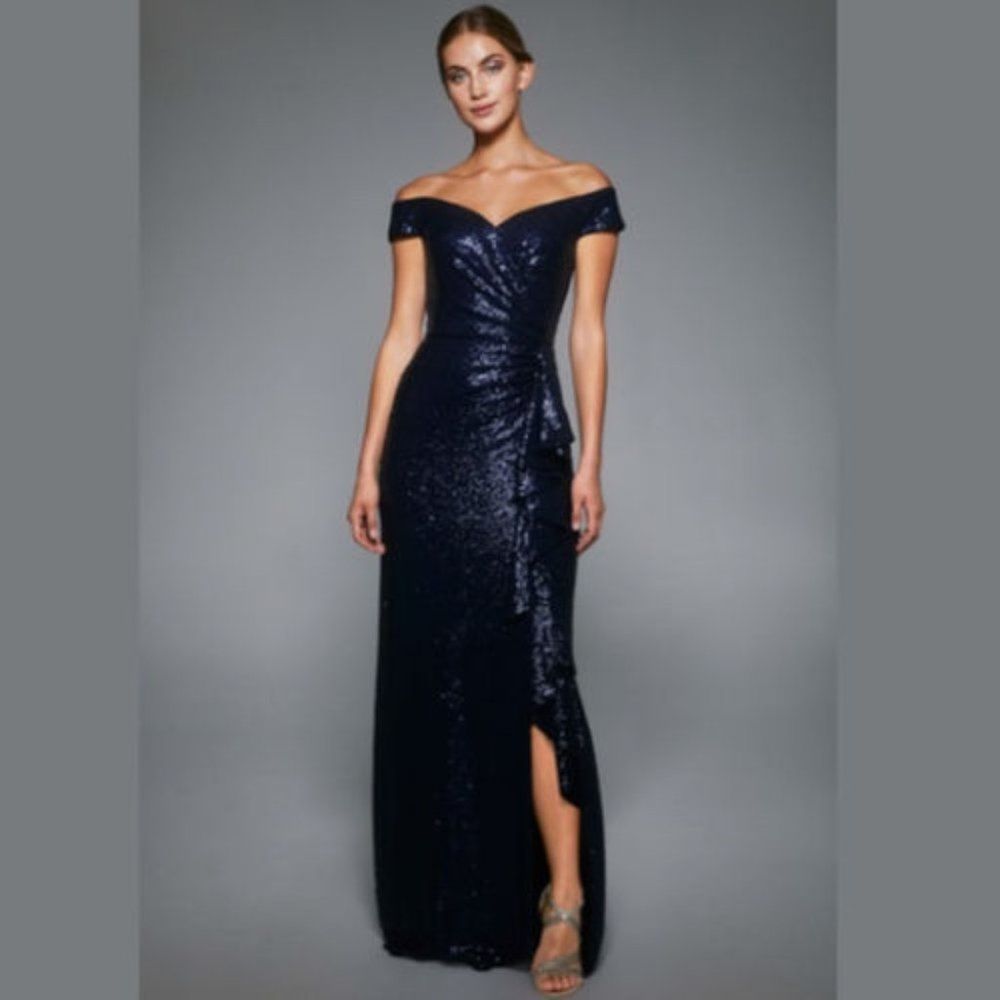 TADASHI SHOJI OFF THE SHOULDER SEQUIN GOWN